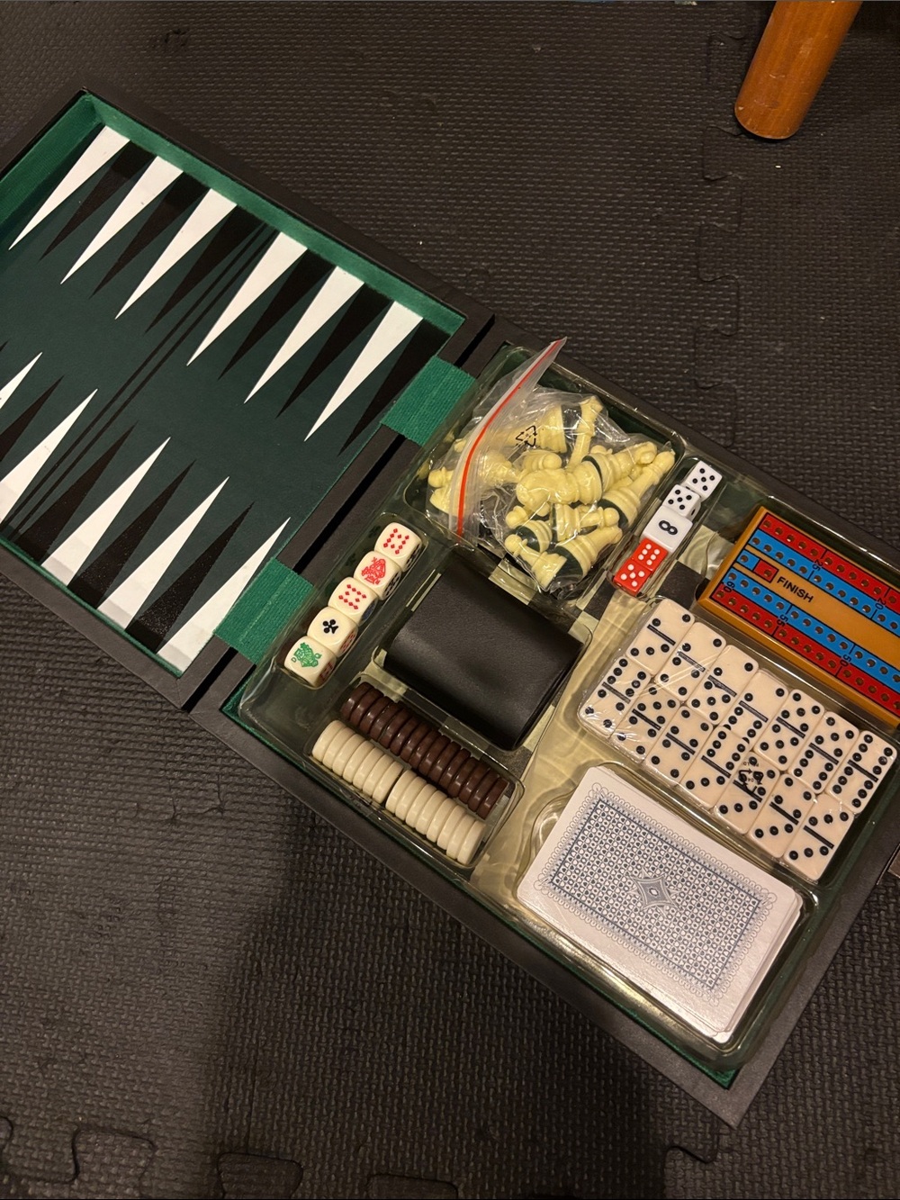 Multi-Game Board Set with Green Backgammon Board and Game Pieces